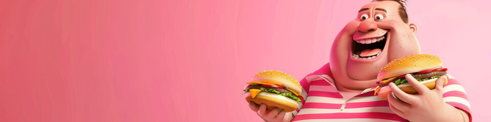 Cartoon fat man on the right side enjoying fast food burgers feast on the pink pastel background