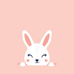 Cute spring Easter white bunny rabbit coming out of the ground hole vector illustration. White bunny peeking out of the rabbit hole.Stickers, wall art, kids room decoration, easter decor, print, decor