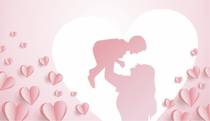 Elegant mother's day background with paper flying elements and mom-boy silhouette. Perfect choice for mother's day, valentine, and birthday celebration. Hari Ibu vector illustration