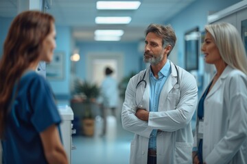 An experienced male doctor confidently discusses with female colleagues in a hospital hallway