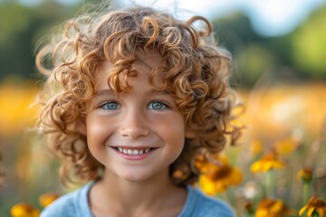 A young boy with curly hair and blue eyes smiles brightly in a sunny field of wild yellow flowers