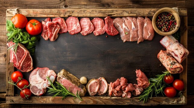 Assorted meat cuts on wooden tray in butcher shop or supermarket with blank price tags wide banner