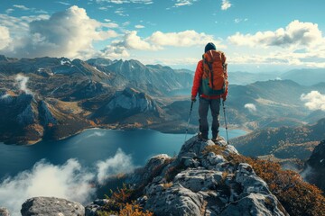 An adventurer stands at the edge of a cliff, overlooking a stunning lake with mountainous backdrop in a clear sky setting
