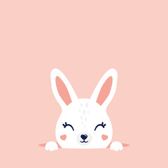 Cute spring Easter white bunny rabbit coming out of the ground hole vector illustration. White bunny peeking out of the rabbit hole.Stickers, wall art, kids room decoration, easter decor, print, decor