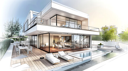 modern house with furniture, architects plan