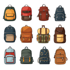 Colored backpacks set. School backpack, sport and travel bag different shape . Education and study back to school, schoolbag luggage, rucksack vector illustration
