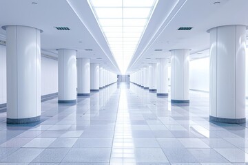 A perspective view of a modern, empty hallway lined with columns and illuminated ceiling lights