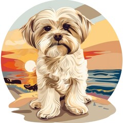 T-shirt design in round shape vector style clipart doggie on a beautiful background, isolated on white 
