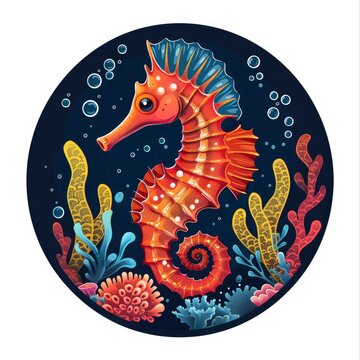 T-shirt design in round shape vector style clipart a seahorse with colorful coral around it in back, isolated on white background
