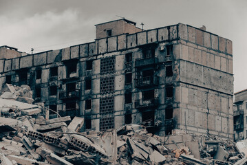 destroyed and burned houses in the city Russia Ukraine war