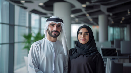 A Couple of Smiling Emirati, Couple of happy middle-eastern people wearing traditional emirati dress (Kadura, black abaya), Arabian Man and Woman in the Emirates, generative ai.