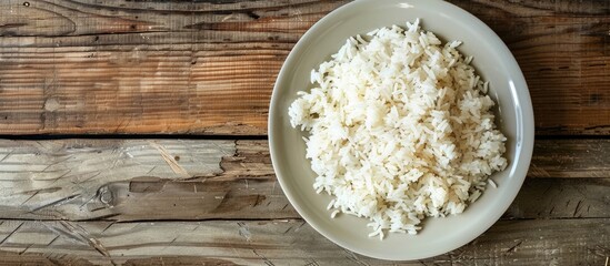Jasmine rice placed on a white plate on a wooden table with space available for text.
