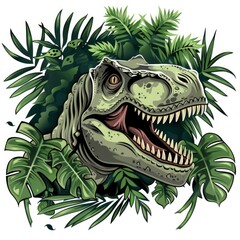 T-shirt design vector style clipart a dinosaur peeking out of the jungle, isolated on white...