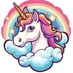 T-shirt design vector style clipart a unicorn peeking out of colorful clouds, isolated on white background