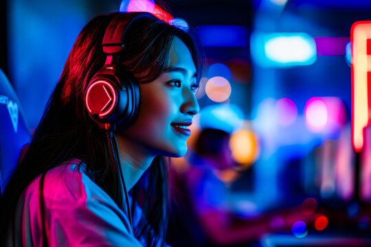 A female gamer's intense focus during a crucial gaming moment is dramatically highlighted with neon colors