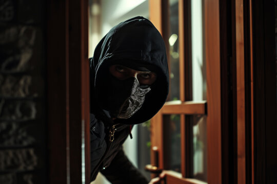 Ominous silhouette of a person breaking into a house at night, creating a sense of danger and violation of privacy
