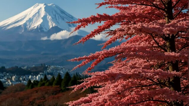 Spring scenery with beautiful cherry blossom trees and butterflies dancing by the lake, with Mt. Fuji in the background Seamless looping 4k time-lapse animation video background