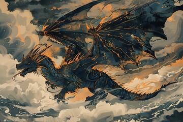 : A majestic dragon soaring through a stormy sky, inked with bold, fluid strokes - obrazy, fototapety, plakaty