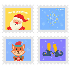 Christmas merry cute stamp with holiday symbols and decoration elements. Collection of postal stamps with Christmas decoration symbols. Vector illustration