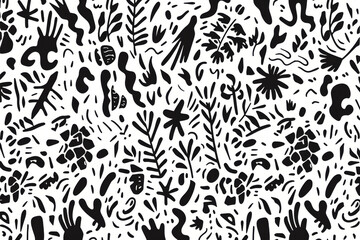 An artistic black and white pattern featuring tropical shapes and forms which give an exotic and wild touch to the design
