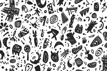 A playful and creative array of abstract doodle drawings in black on a white background depicting various shapes and forms