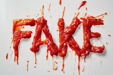 The word 'FAKE' is styled provocatively in ketchup