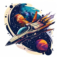 T-shirt design vector style clipart spaceship with milky way galaxy on back, isolated on white...
