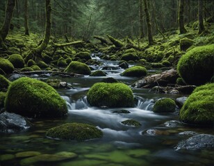 Quiet forest stream with moss-covered rocks
