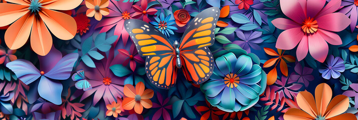 Butterflies in a colorful painting with flowera in background