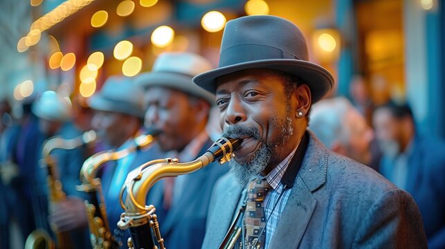 A Jazzman Plays The Saxophone At A Street Festival, International Jazz Day