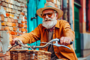 An elderly man with a beard enjoys cycling on a vintage bike in an urban street setting