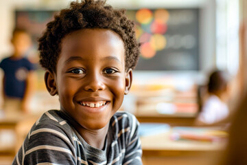 A young African boy smiles warmly in a classroom environment, highlighting education and diversity