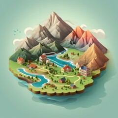 3D isometric illustration of landscape, nature fragment in cartoon and game graphics style with soft pastel tones. city in mountains, a river, ocean, meadow, small houses. Scandinavian village. - 789267307