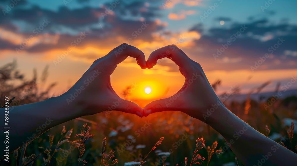 Wall mural silhouette of hands making heart shape around sunset. love, nature, and summer vibes