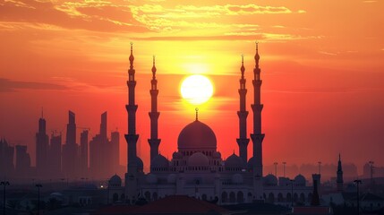 Fototapeta premium Grand Mosque Silhouette at sunset with City Skyline