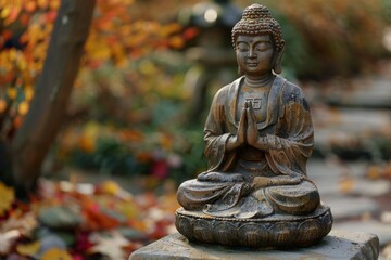 Buddha Statue Meditating in Autumn Garden with Colorful Foliage Background. Concept of Peace, Zen, and Spirituality