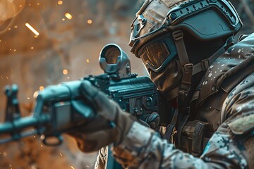 : A machine gunner in full combat gear, holding the weapon with both hands and preparing to fire - obrazy, fototapety, plakaty