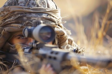 : A machine gunner in a sniper position, with the weapon and the scope in sharp focus - obrazy, fototapety, plakaty