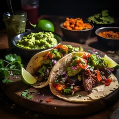 Mexican tacos with guacamole and ingredients on wooden background
