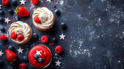 4th of July Cupcakes and Macarons with Berries and Whipped Cream - obrazy, fototapety, plakaty