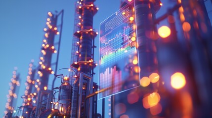 Oil refinery plant at night with illuminated stock market chart display, industrial energy production and financial market data concept