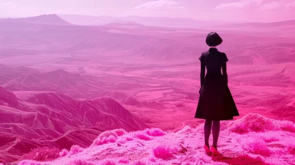 Foto auf Acrylglas Woman in Black Dress and Heels Viewing a Pink and Purple Surreal Landscape © Meow Creations