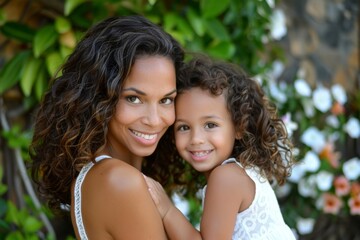 Happy biracial mother and daughter smiling outdoors in garden