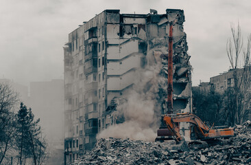 construction equipment destroys affected houses war in Ukraine