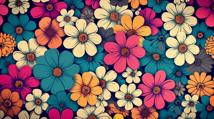 A retro-style clip art of a flower pattern, with vintage colors and repeating motifs.