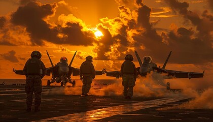 Military aircraft carrier launches fighter jets in special operation at warzone for critical mission