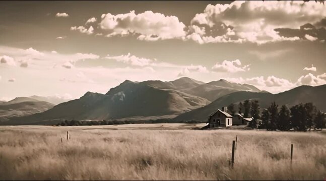Retro film effect overlaying vintage footage of a classic American landscape.
