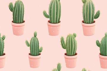 Seamless pattern with cacti in pots on pink background