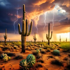 Desert landscape with cacti and thunderstorm in the background