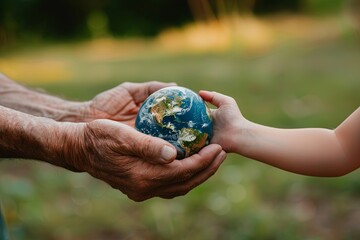 Senior hands giving small Earth to child: Passing on the legacy of stewardship AI Image